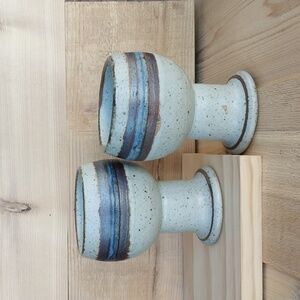 Pair Otagiri Horizon Handmade Stoneware Wine Goblet Cup MCM Blues Bands Japan 5”
